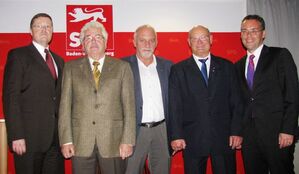 HP Storz, J. Reichert und U. Trost, umrahmt vom Kreisvorsitzenden Klaus Eisenhardt und Europaminister Peter Friedrich